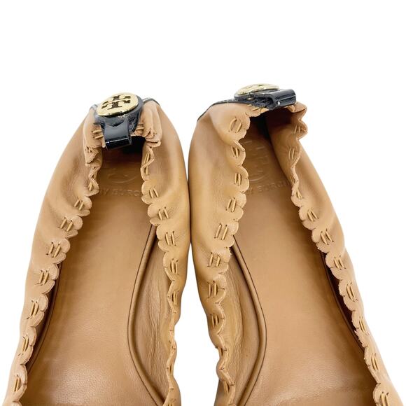 Tory Burch Melinda Cap Toe Ballet Flats Size 11 Tan Leather Black Patent Gold - Picture 4 of 7